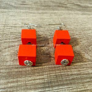 Hand Crafted - Red Wood Block Danagle Earrings